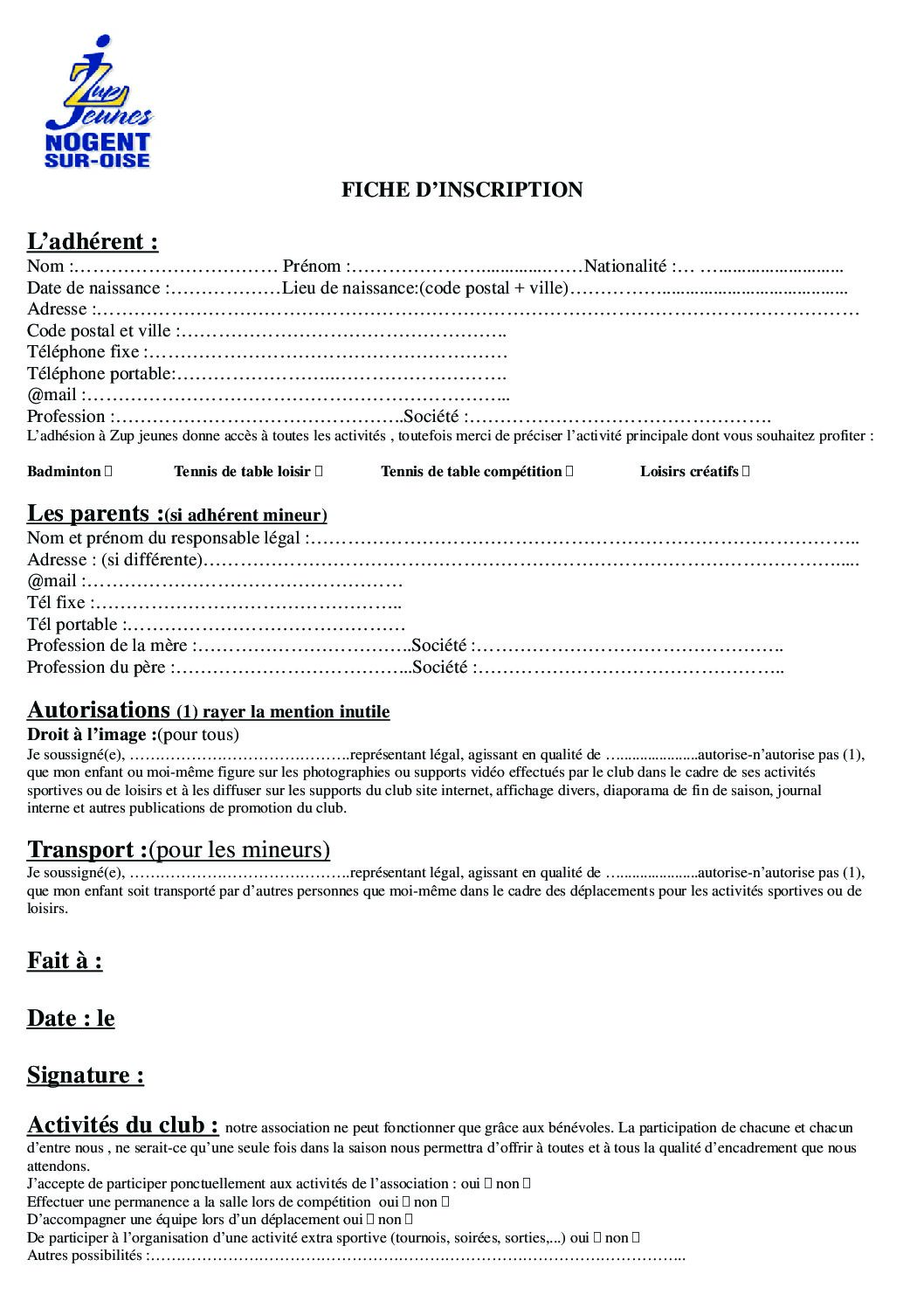 Fiche d&rsquo;inscription